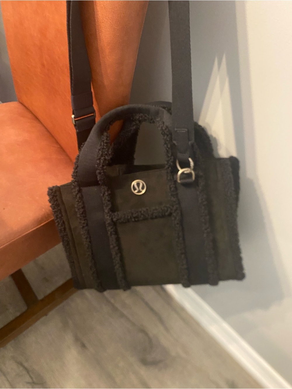 lululemon athletica Black Shearling-Trim Mini Tote